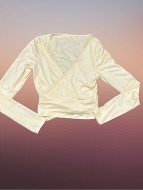 Long-Sleeve V-Neck Wrap Top in Cream